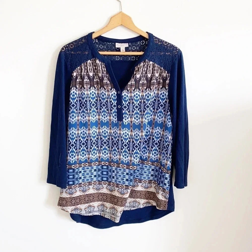 Dress Barn Blue Printed Lace detail Top